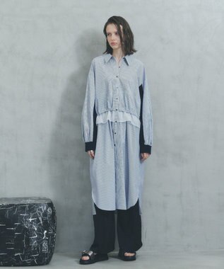 YECCA VECCA シアーMIXドロストデザインシャツワンピース Stripe