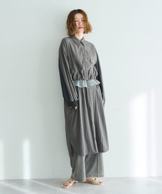 YECCA VECCA シアーMIXドロストデザインシャツワンピース Khaki