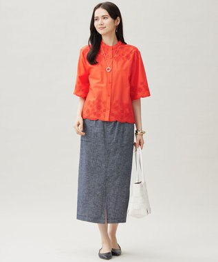 自由区 【洗える】コットンリネンシャンブレー スカート インディゴ系