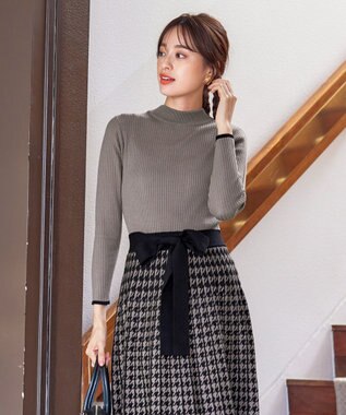 Tiaclasse 【洗える】千鳥柄ニットプリーツワンピース モカ