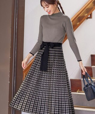 Tiaclasse 【洗える】千鳥柄ニットプリーツワンピース モカ