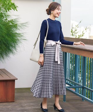 Tiaclasse 【洗える】千鳥柄ニットプリーツワンピース ネイビー