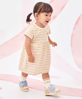MIKI HOUSE HOT BISCUITS 【80-120cm】みじんボーダー ワンポイント刺繍 半袖ワンピース