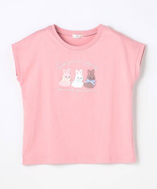 ANY KIDS 【綿100%】ひんやり フレンチスリーブ サガラ刺繡Tシャツ ピンク×ウサギ