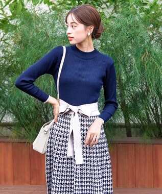 Tiaclasse 【洗える】千鳥柄ニットプリーツワンピース ネイビー