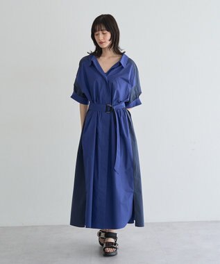 YECCA VECCA ベルト付きスキッパーシャツワンピース Blue