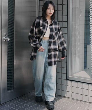 WEGO チェックBIGネルシャツ ブラウン