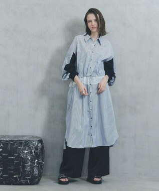 YECCA VECCA シアーMIXドロストデザインシャツワンピース Stripe