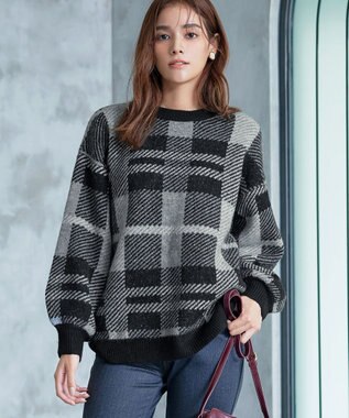 Tiaclasse 【洗える】チェック柄プルオーバーニット ブラック