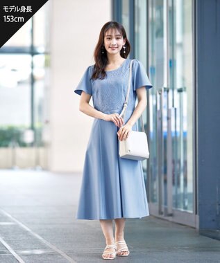 Tiaclasse 【洗える】フレアスリーブレースコンビワンピース ブルー