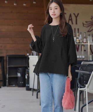 Tiaclasse 【洗える】ふくれジャガードバルーンスリーブチュニックブラウス ブラック