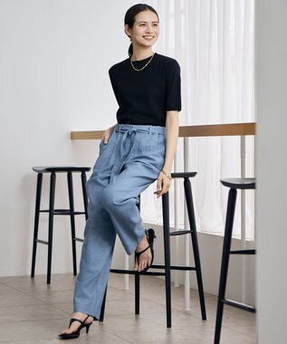 自由区 L 【カタログ掲載】コットンリネンシャンブレーテーパード パンツ ライトブルー系