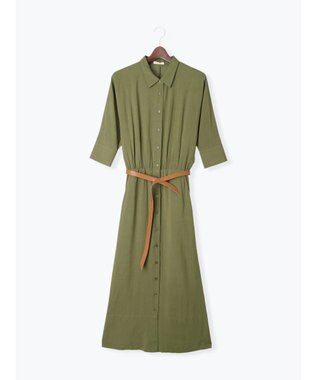 Te chichi ベルト付きレーヨンリネンシャツワンピース カーキ