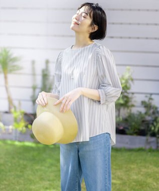 ANY 【UVカット/抗菌防臭/速乾/手洗い可】エニィファンクション ボリュームスリーブシャツ ブルーストライプ