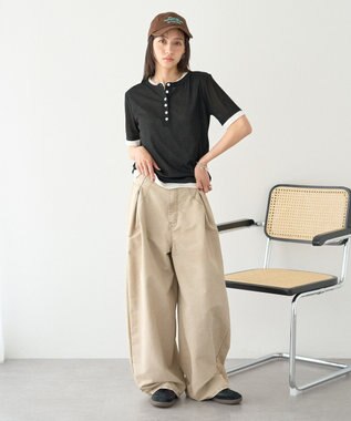 earth music&ecology シアーレイヤード風5分袖プルオーバー Black