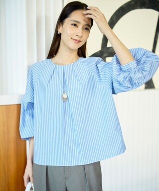自由区 S 【SHIHOさん着用】ボリュームスリーブ ブラウス サックスストライプ