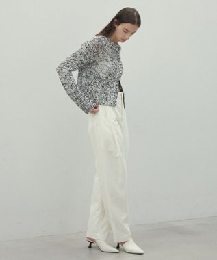 BEIGE， 【洗える】THYME / クルーネックコットンメッシュカーディガン Ecru×Black