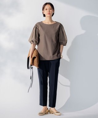 自由区 【洗える】コンビネーションシャーティング パフスリーブ カットソー ブラウン系