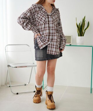 WEGO フードチェックBIGシャツ ブラウン