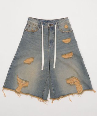 WEGO 【SMサイズ展開】ヴィンテージウォッシュダメージバギーハーフパンツ デニム淡加工色