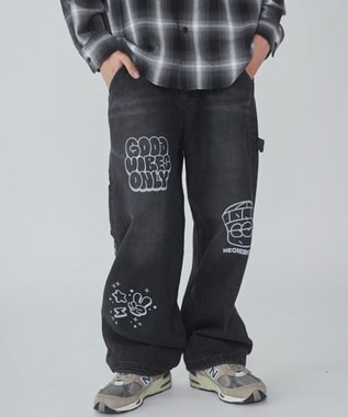 WEGO 【ウエスト紐で調整】イージーペインターグラフィックデニムパンツ 柄2