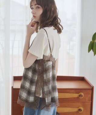 WEGO 【ANGIE VINTAGE】サテンレースキャミソール ブラウンチェック1
