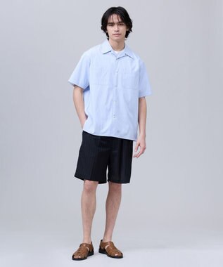 J.PRESS MEN 【J.PRESS ORIGINALS】Broad Stripe Open Half Sleeve Shirt / Baggy-Fit サックスブルー系1