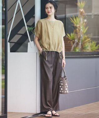 23区 【接触冷感/UVカット/洗える】ドライスラブストレッチ ワイド パンツ ダークブラウン系