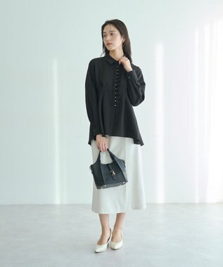 YECCA VECCA パールジャガードペプラムブラウス Black