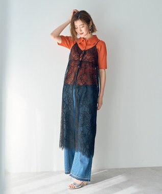 YECCA VECCA リーフ柄レースキャミワンピース Black