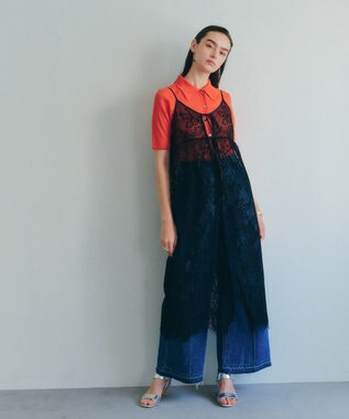 YECCA VECCA リーフ柄レースキャミワンピース Black