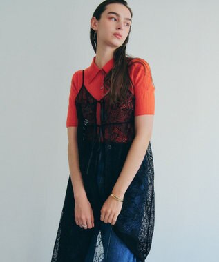 YECCA VECCA リーフ柄レースキャミワンピース Black