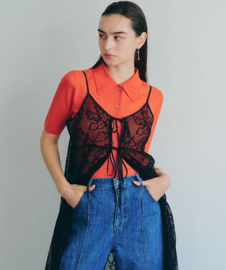 YECCA VECCA リーフ柄レースキャミワンピース Black