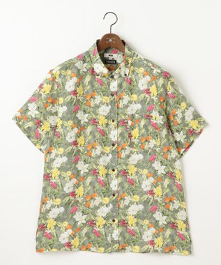 JOSEPH ABBOUD 【キングサイズ・TEXTA・リネン100％】BIRD＆フラワープリントシャツ カーキ系6