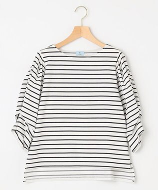 組曲 L 【洗える】プレーティング天竺タックスリーブボーダー カットソー ブラック系1