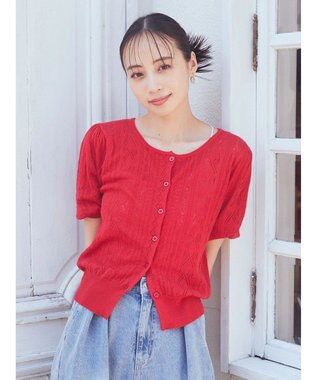 earth music&ecology リボン柄透かし編みニットカーディガン Red