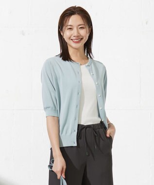 J.PRESS LADIES 【洗える・抗菌防臭】コットンアセテート クルーネック カーディガン シーブルー系