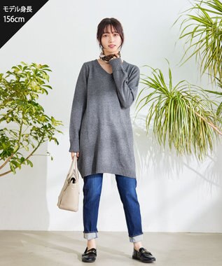 Tiaclasse 【洗える】Vネックリブニットチュニック グレー