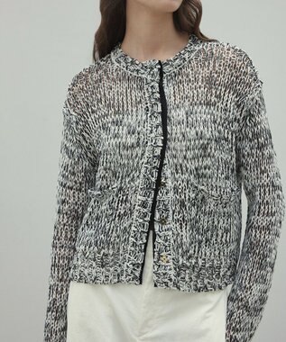 BEIGE， 【洗える】THYME / クルーネックコットンメッシュカーディガン Ecru×Black