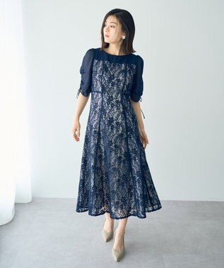 YECCA VECCA レース切替フレアドレス Navy