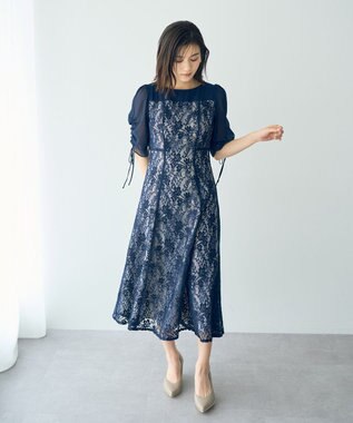 YECCA VECCA レース切替フレアドレス Navy