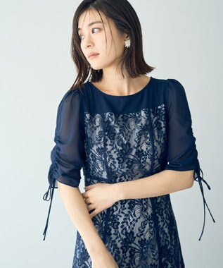 YECCA VECCA レース切替フレアドレス Navy