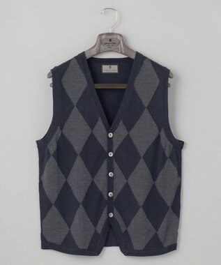 GOTAIRIKU 体温調整に【洗える/チクチクしにくい/ピリングしにくい】イタリア糸 ハイゲージ ベスト_WOOL100% ネイビー×グレーアーガイル