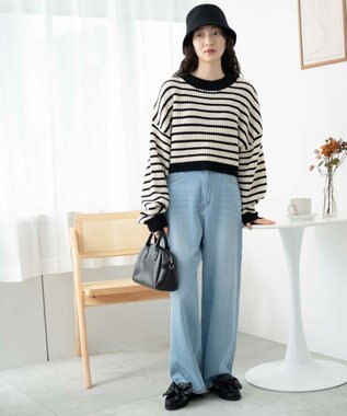 WEGO ボーダーショートニットプルオーバー ホワイトボーダー