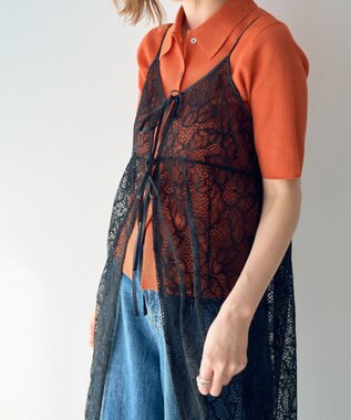 YECCA VECCA リーフ柄レースキャミワンピース Black