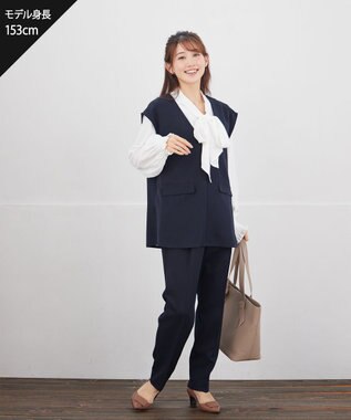 Tiaclasse 【ブラウス&ベスト&パンツ3点セット】リボンタイブラウス＋ベスト付き 3点セットアップ ネイビー