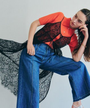 YECCA VECCA リーフ柄レースキャミワンピース Black