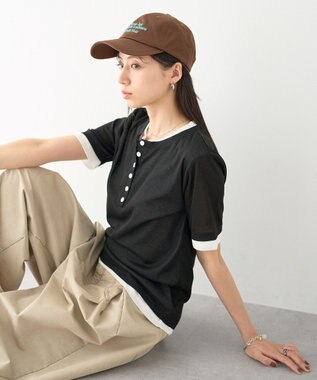 earth music&ecology シアーレイヤード風5分袖プルオーバー Black