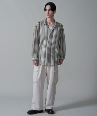 WEGO ストライプメッシュBIGシャツ（LS） オフホワイト