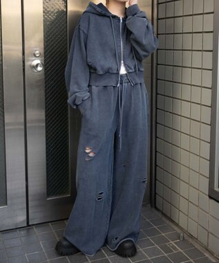 WEGO ダメージショートジップパーカー ブルー